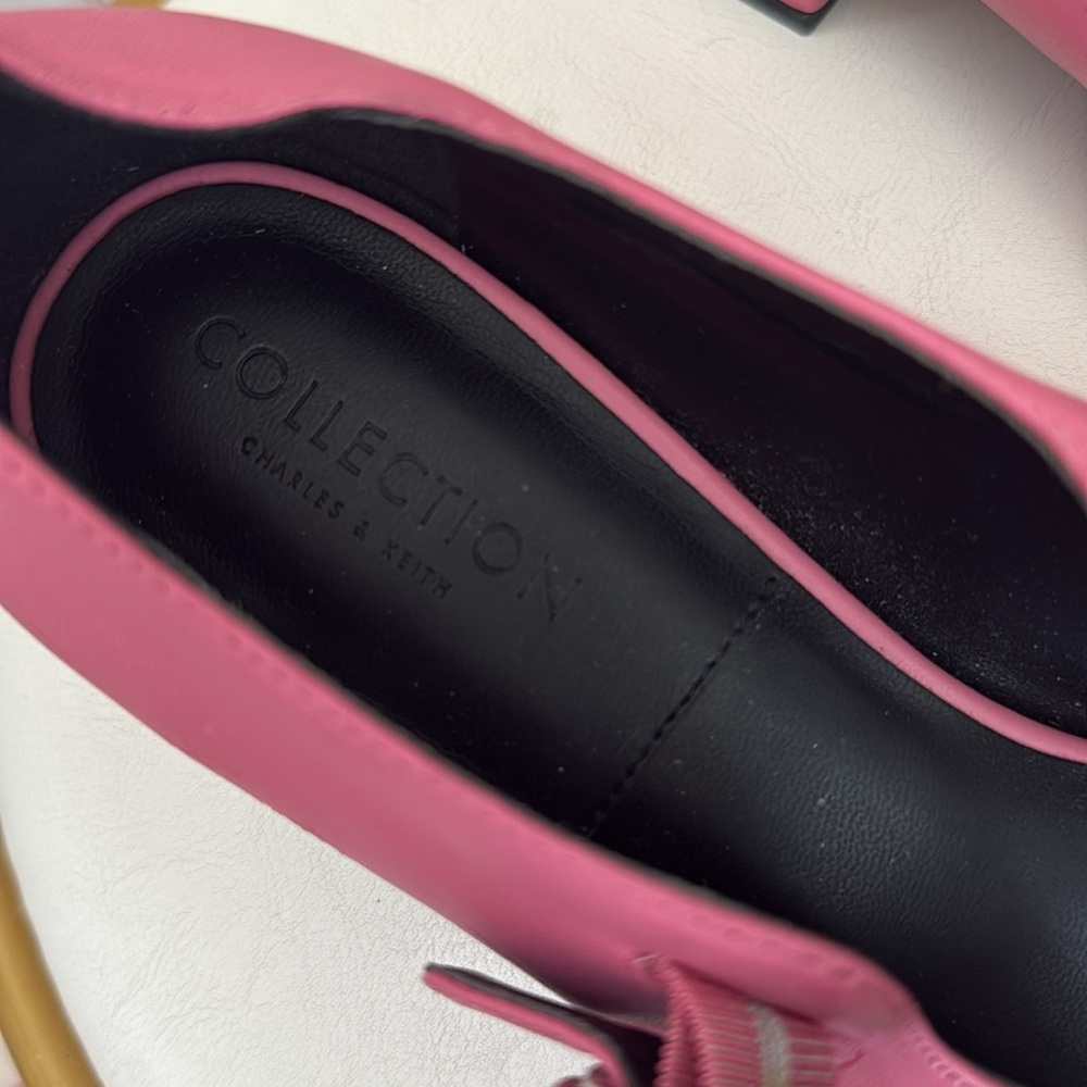 Charles & Keith Pink and Black Mary Jane Flats with Rhinestone Buckles - Picture 2 of 5